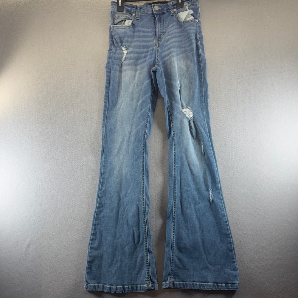 Indigo Rein Distressed Flare Jeans Medium Wash High Rise Bell Bottom Size 9/28